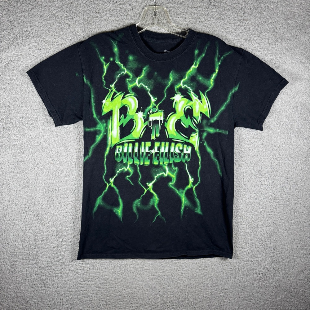 Billie Eilish Mens Black Neon Green Lightning Graphic T-Shirt‎ Size M Y2K